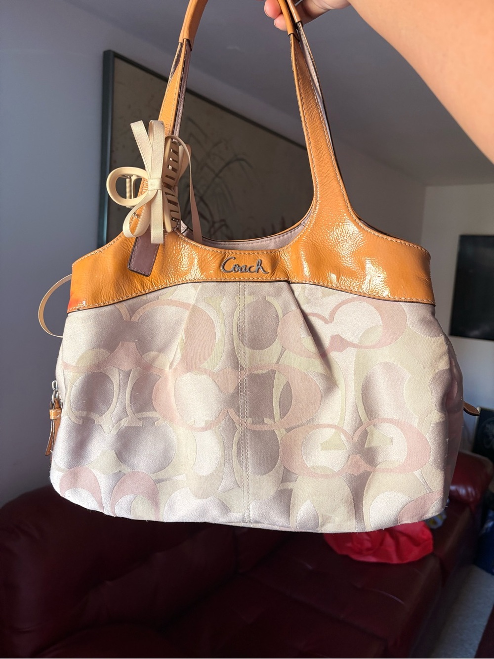 Coach Shoulder Bag in Cream Signature Canvas with Tan Leather Trim